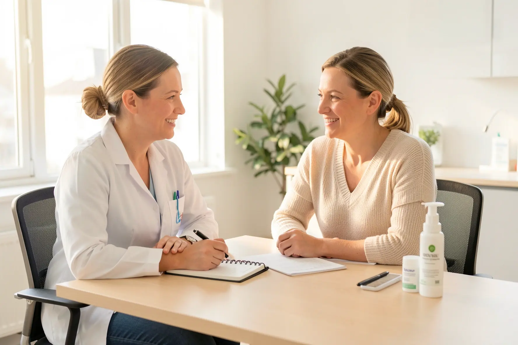 Dermatólogo y paciente conversan de forma tranquila sobre una rutina de cuidado de la piel.