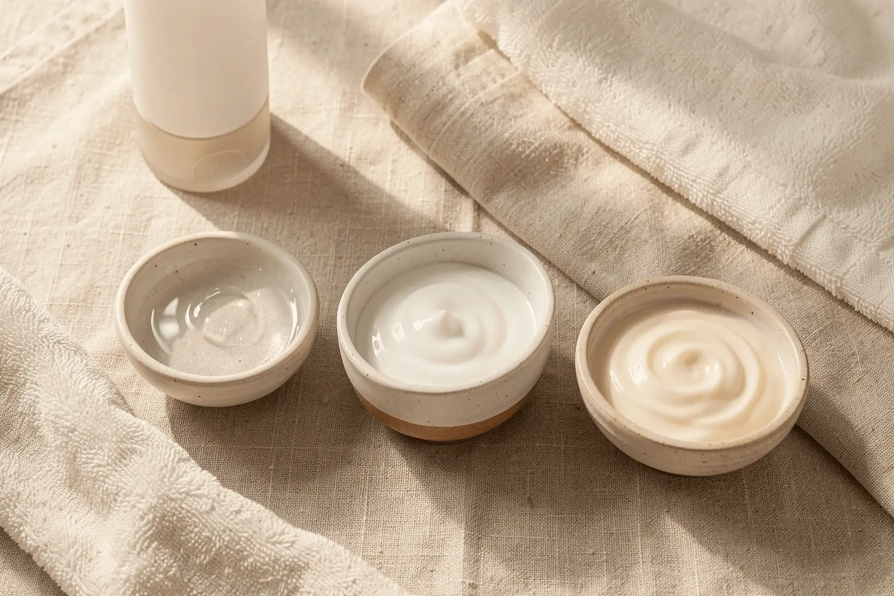 Tres texturas corporales distintas —gel, leche fluida y emulsión ligera— sobre una superficie de lino.
