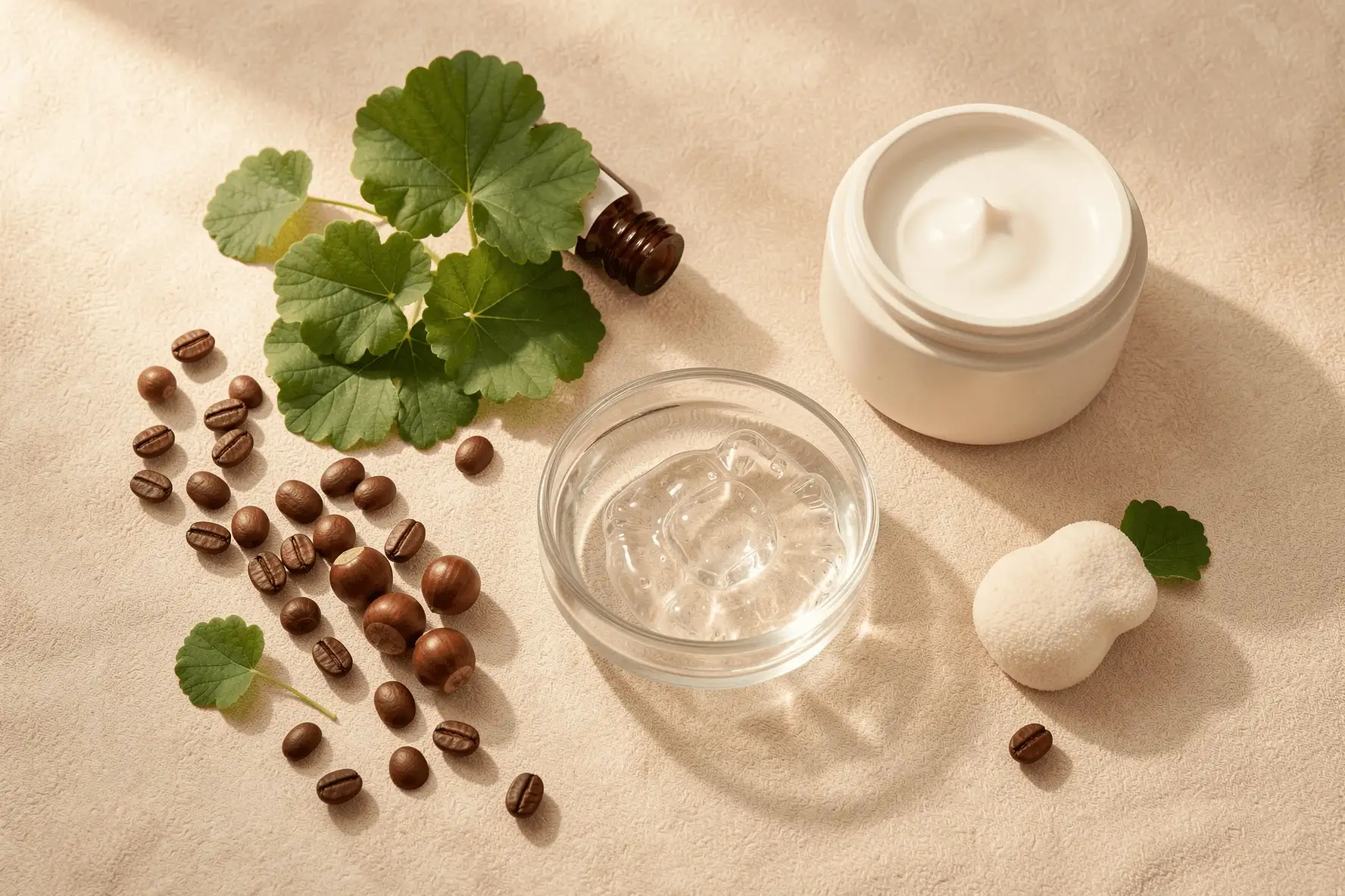 Ingredientes cosméticos como café, centella asiática y un tarro de crema corporal sobre una superficie neutra.