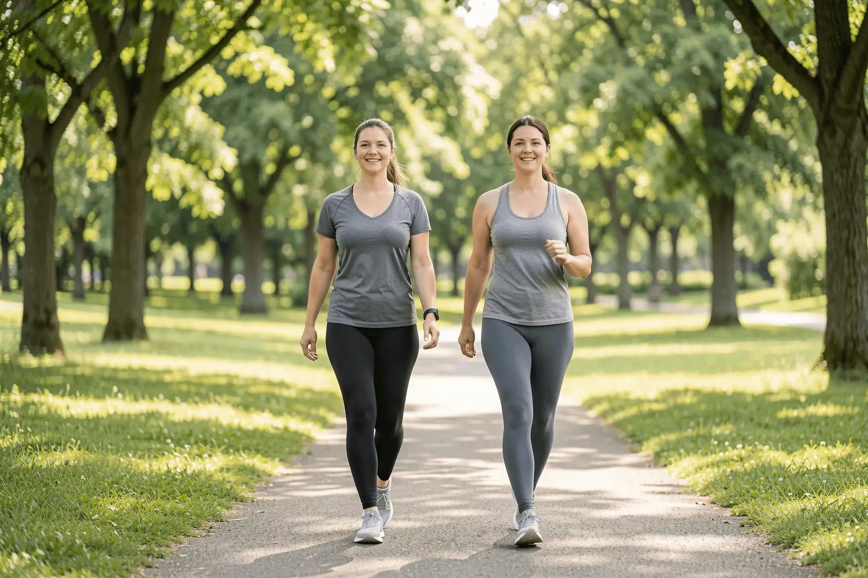 Dos mujeres caminando al aire libre con ropa deportiva, representando el cardio suave y la constancia.
