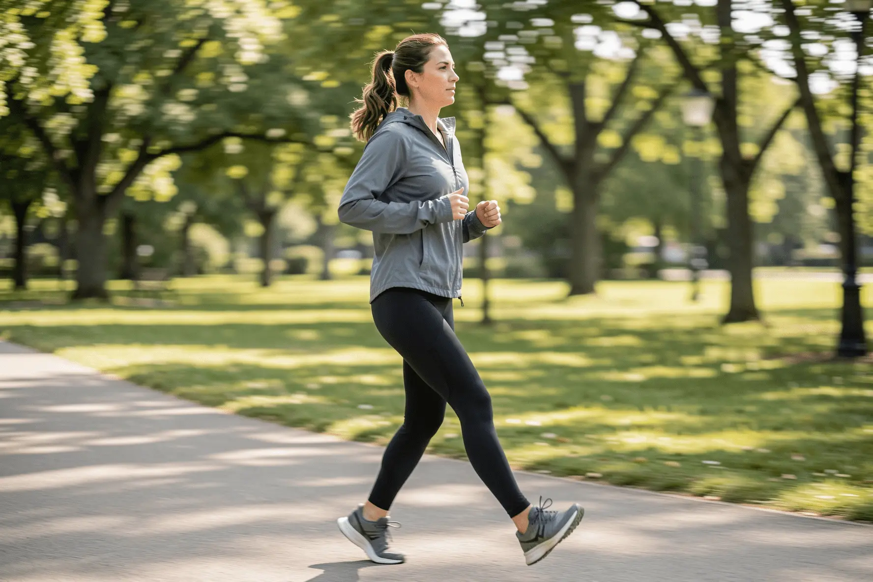 Mujer corriendo en un parque, ilustrando que el running puede formar parte de una rutina equilibrada.