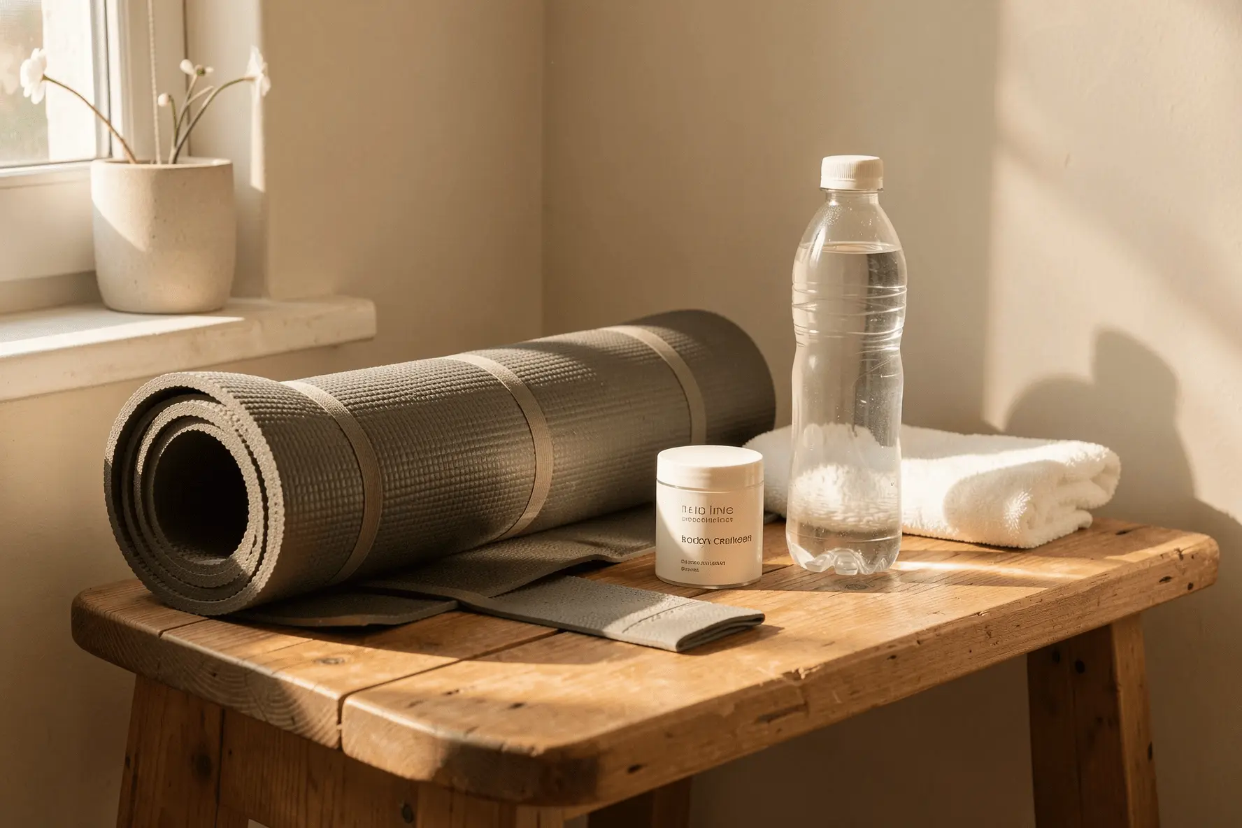 Esterilla, agua, toalla y crema corporal sin marca como apoyo al cuidado de la piel tras entrenar.