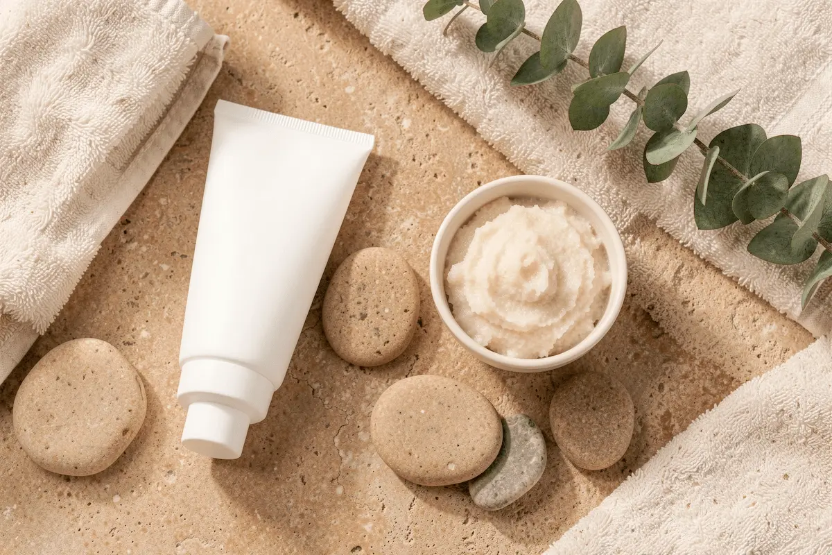 Rutina corporal suave con exfoliante fino, crema hidratante y toalla.