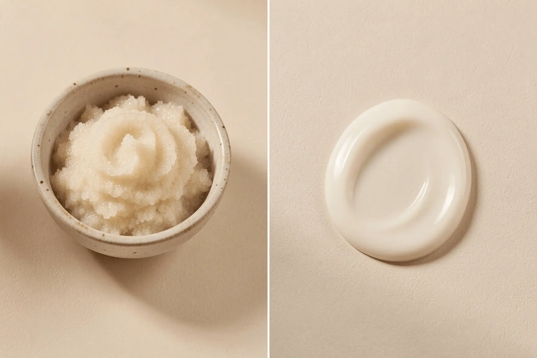 Comparación visual entre exfoliante físico suave y textura química en crema.