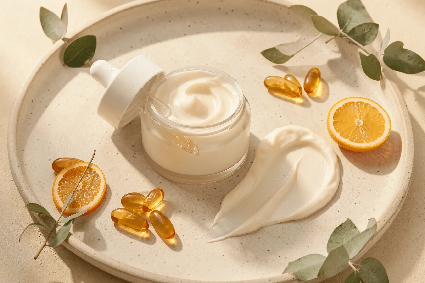 Composición de ingredientes cosméticos y crema corporal sobre una superficie cerámica.