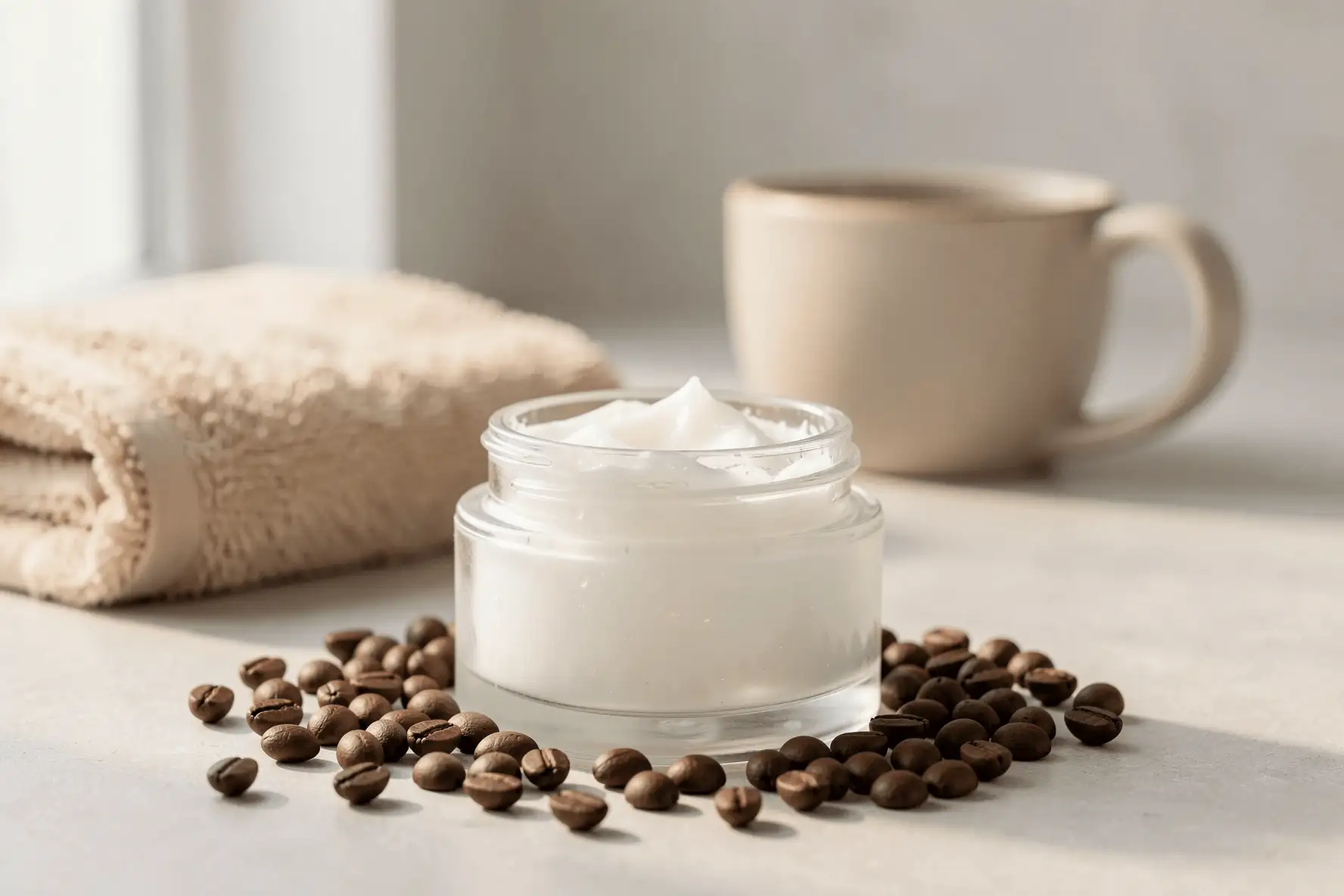 Gel corporal transparente junto a granos de café en una escena de cuidado de la piel.