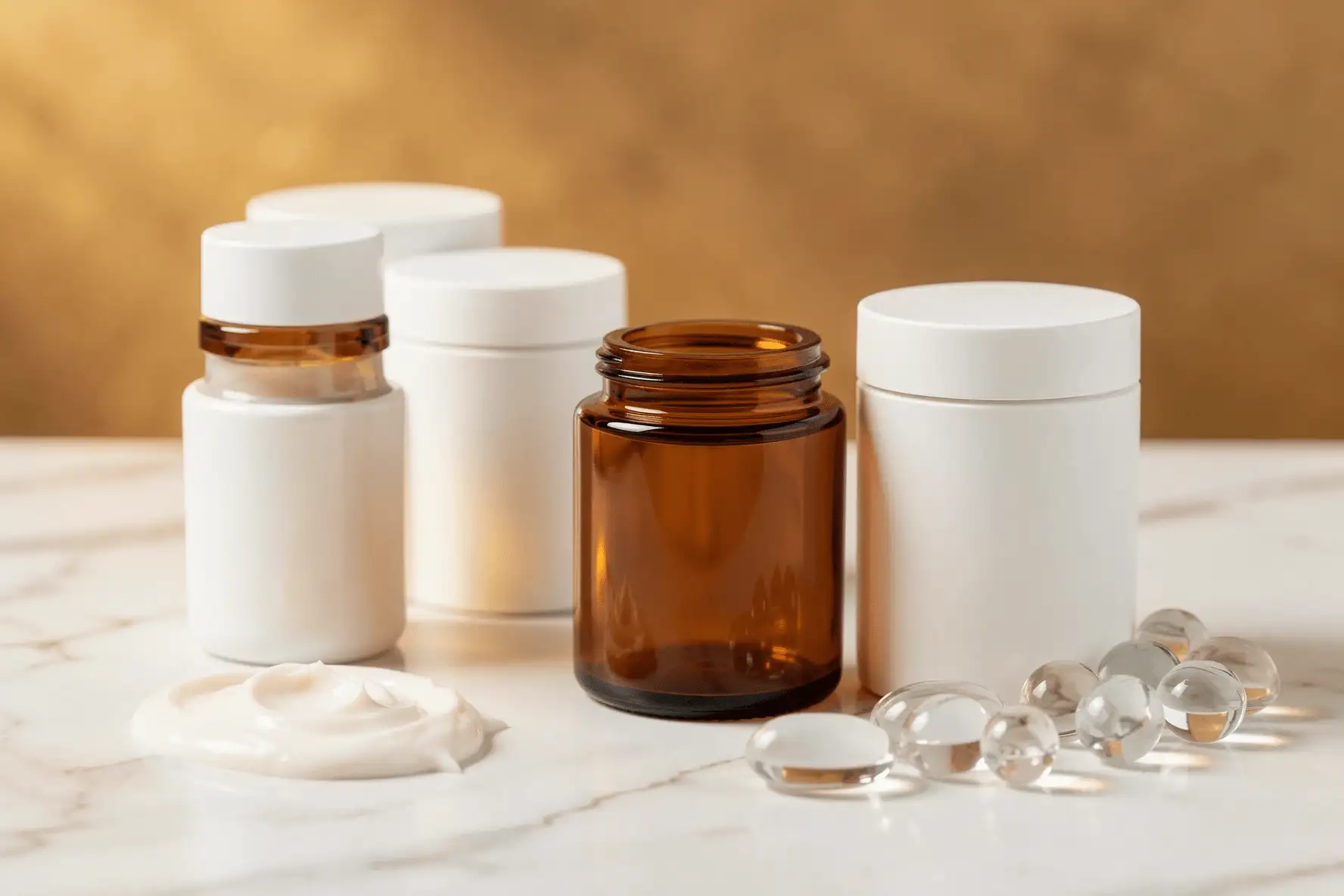 Frascos cosméticos sin etiqueta con crema ligera y cápsulas translúcidas sobre mármol claro.