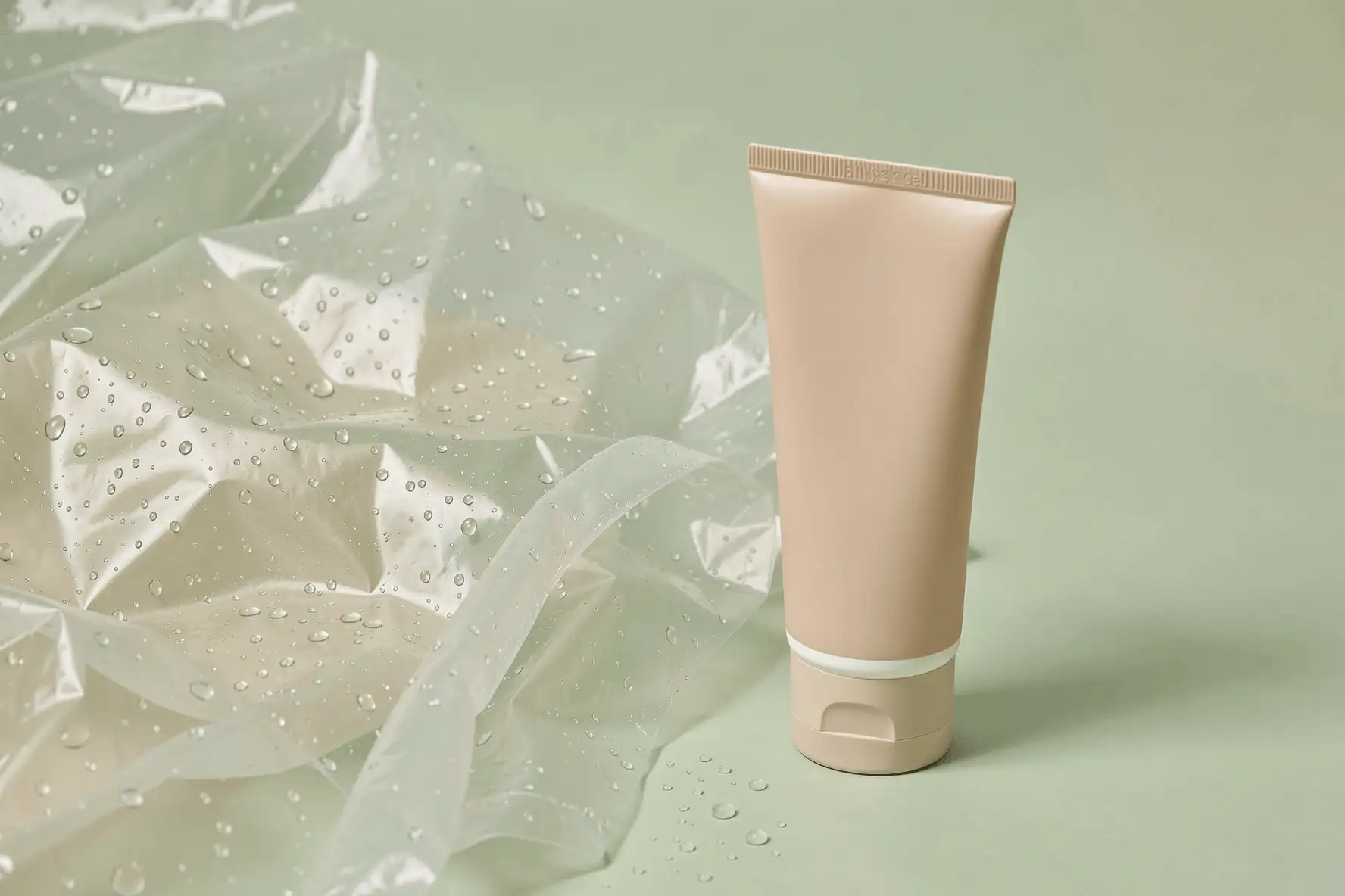 Gotas de agua sobre una superficie impermeable junto a un gel corporal sin marca, como metáfora de la barrera cutánea.