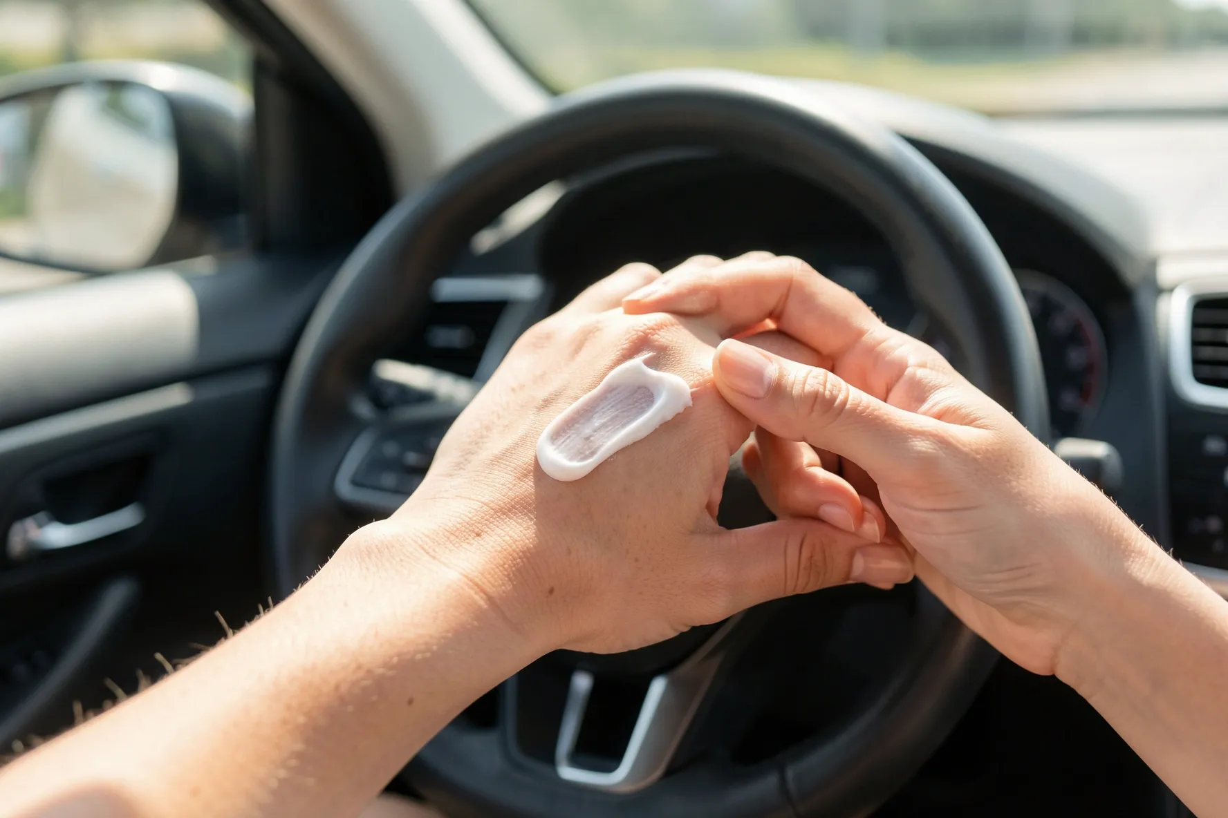 Primer plano de una persona aplicando protector solar en el dorso de la mano dentro de un coche.