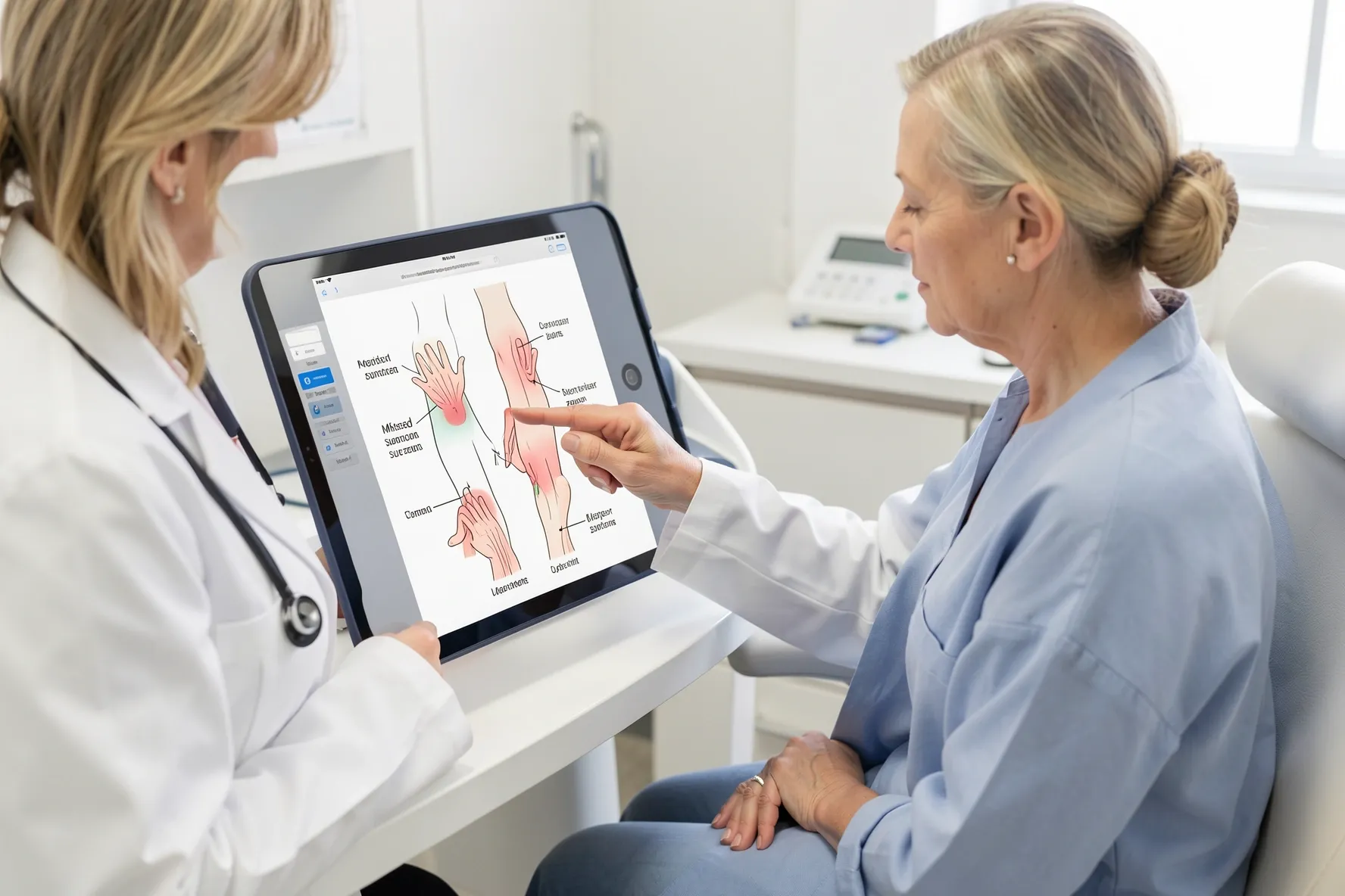 Dermatóloga mostrando en una tablet las zonas del cuerpo que suelen olvidarse al aplicar protector solar.