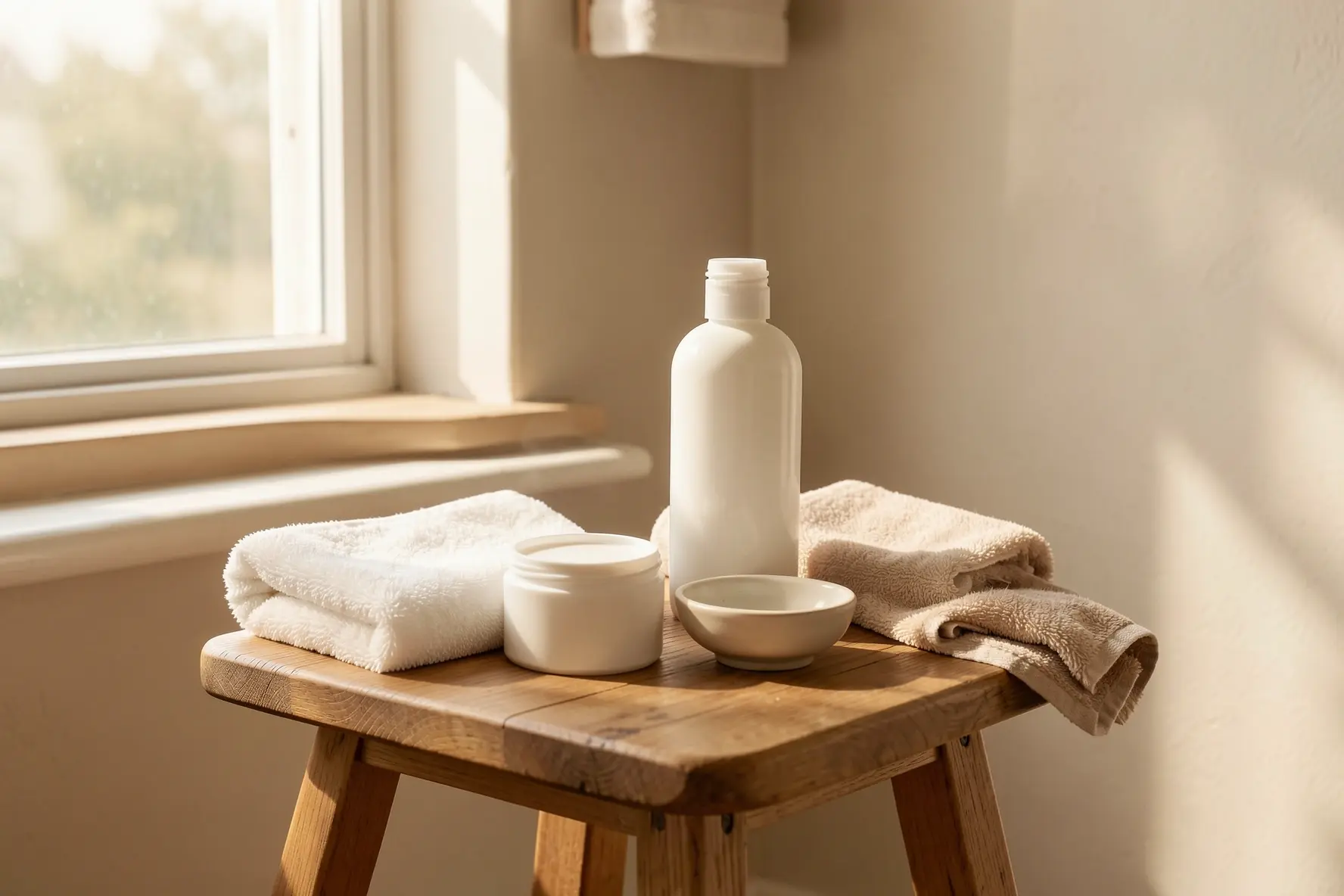 Rutina corporal sencilla con crema, loción y toalla en un baño luminoso de tonos neutros.