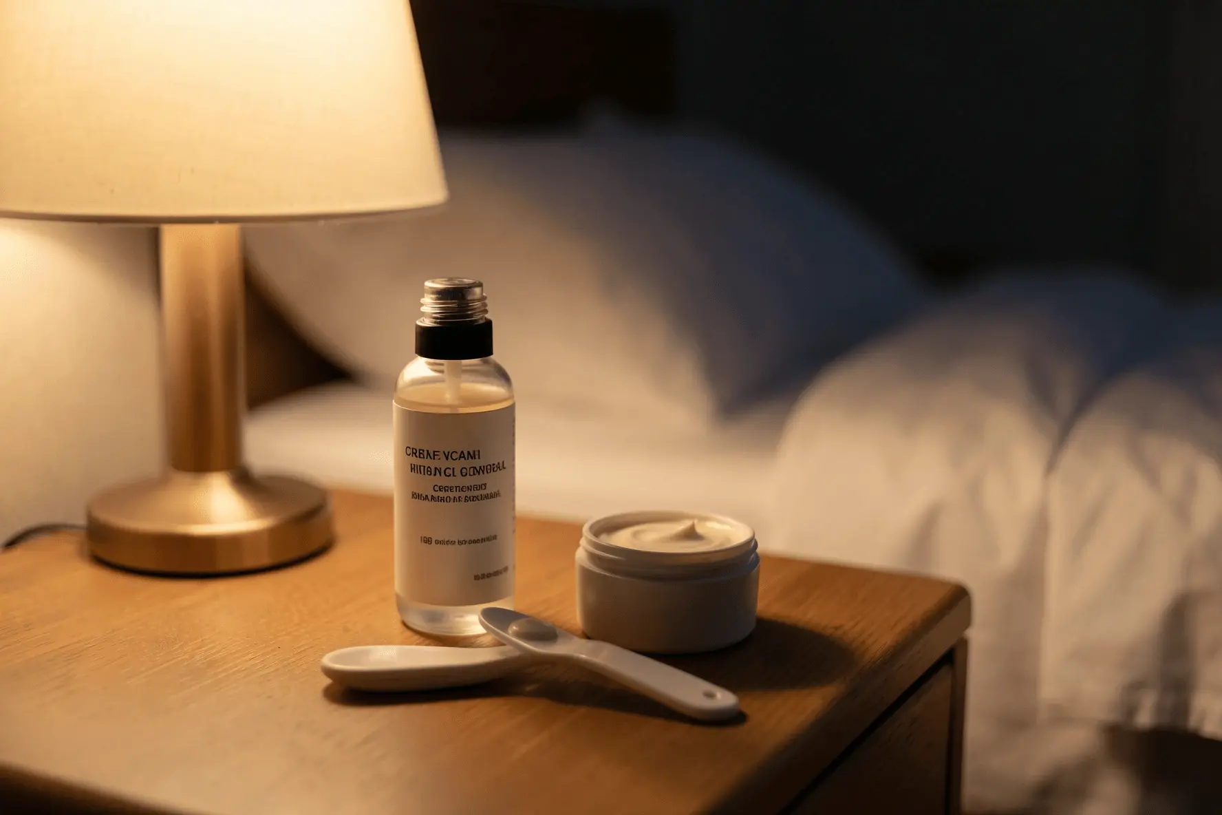 Loción corporal y crema hidratante preparadas para una rutina nocturna suave.