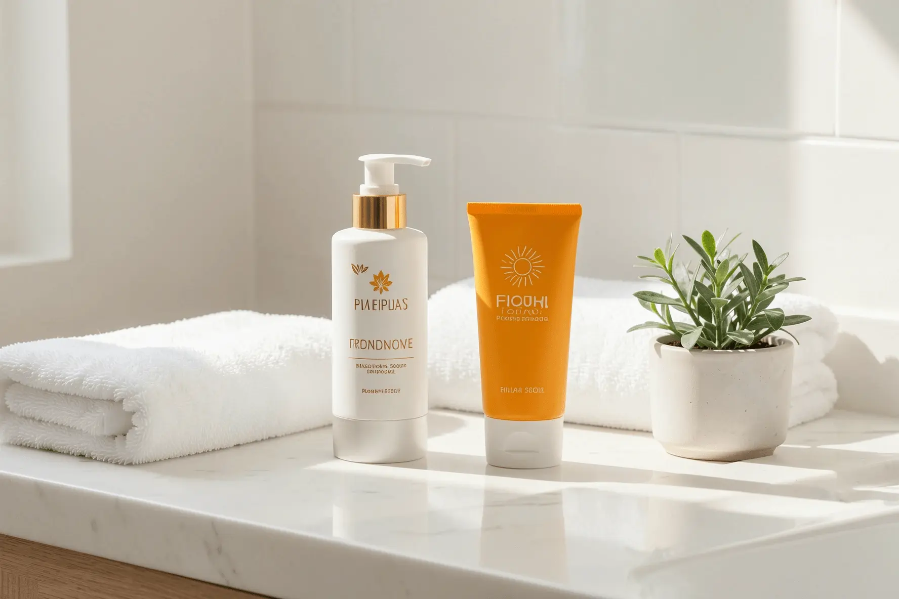 Crema hidratante y protector solar corporal sobre una encimera de baño con luz natural.